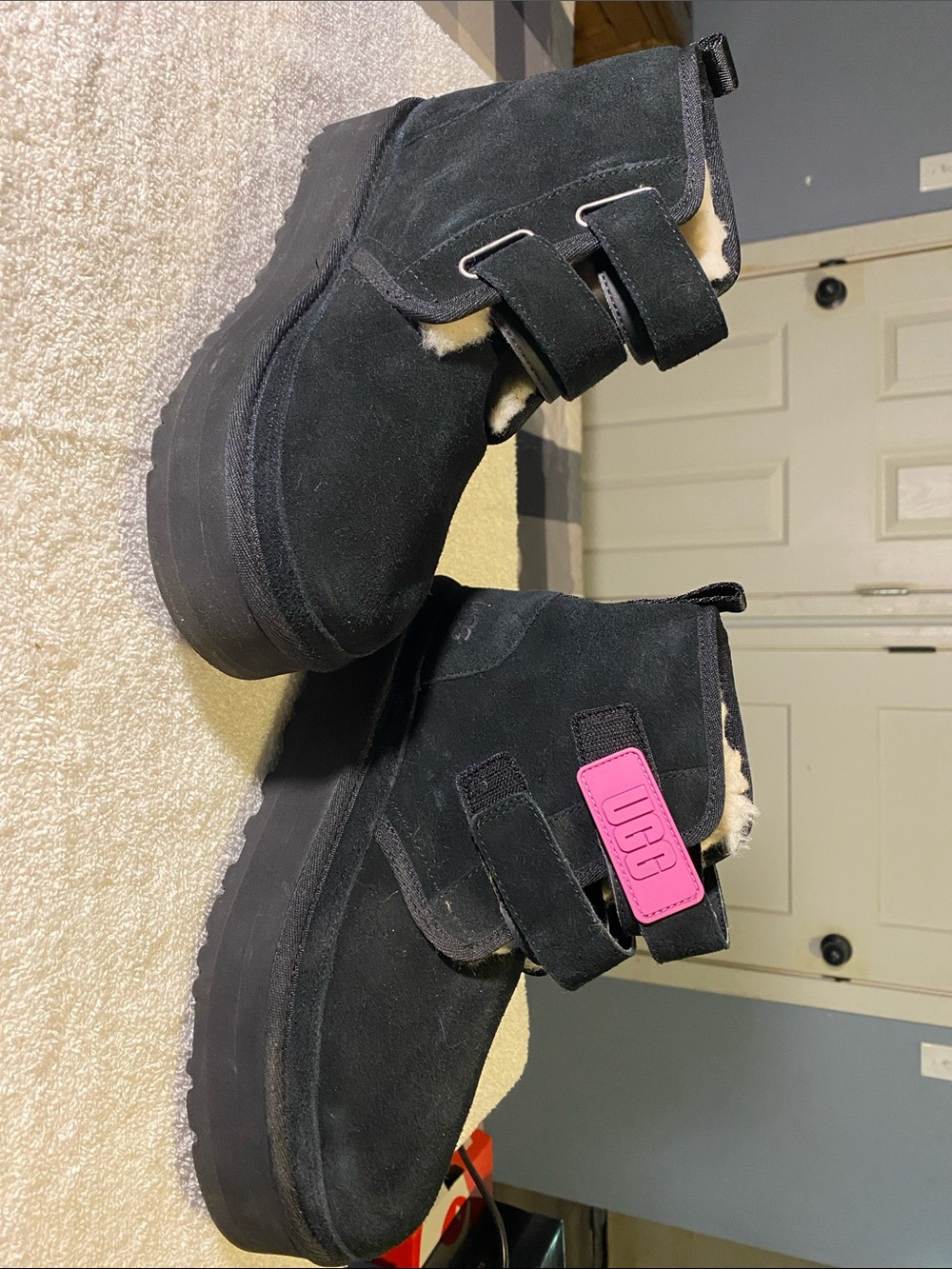 UGG Kids Black Suede Ankle Boots with Pink Logo Tab